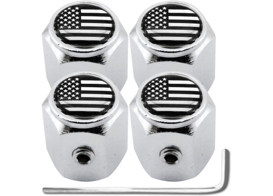 4 bouchons de valve antivol drapeau Américain EtatsUnis USA noir  chrome hexa